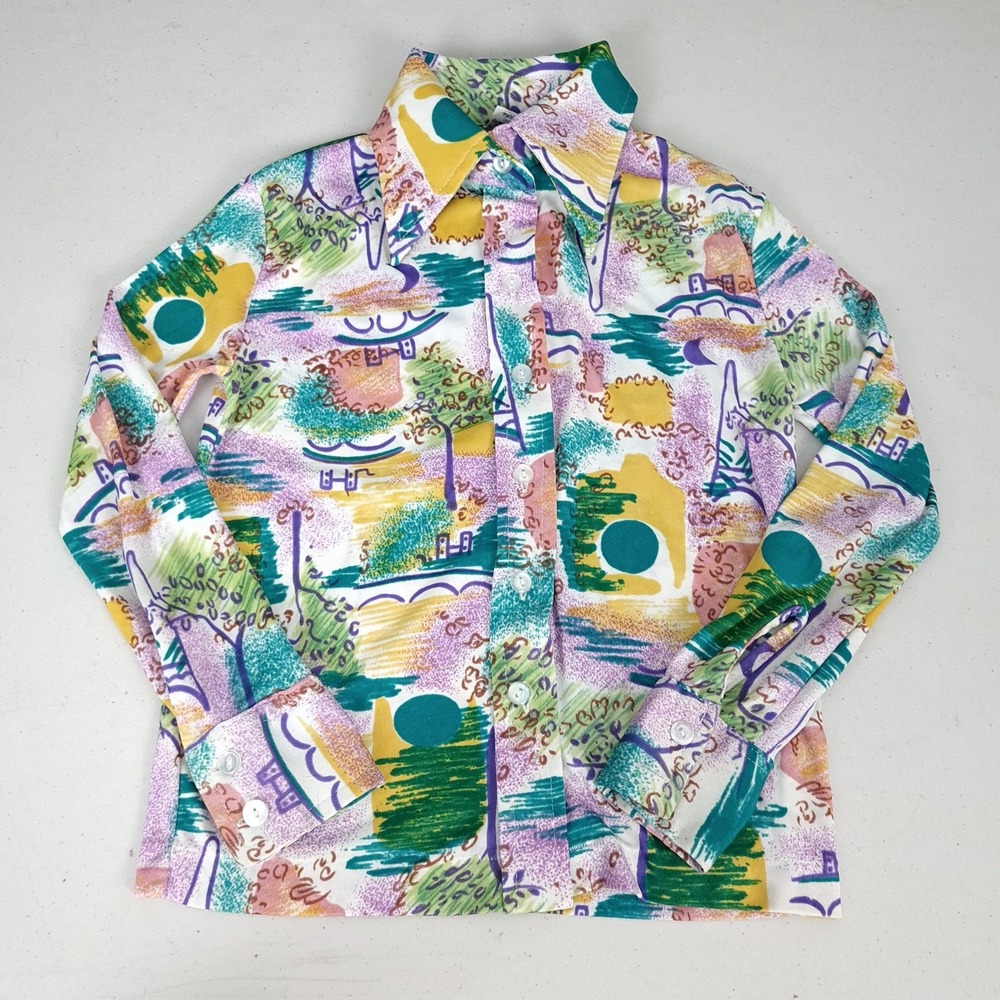 Vintage 70s Top Girls 8 Colorful Italy Button Up Point Collar Disco Nylon Casual